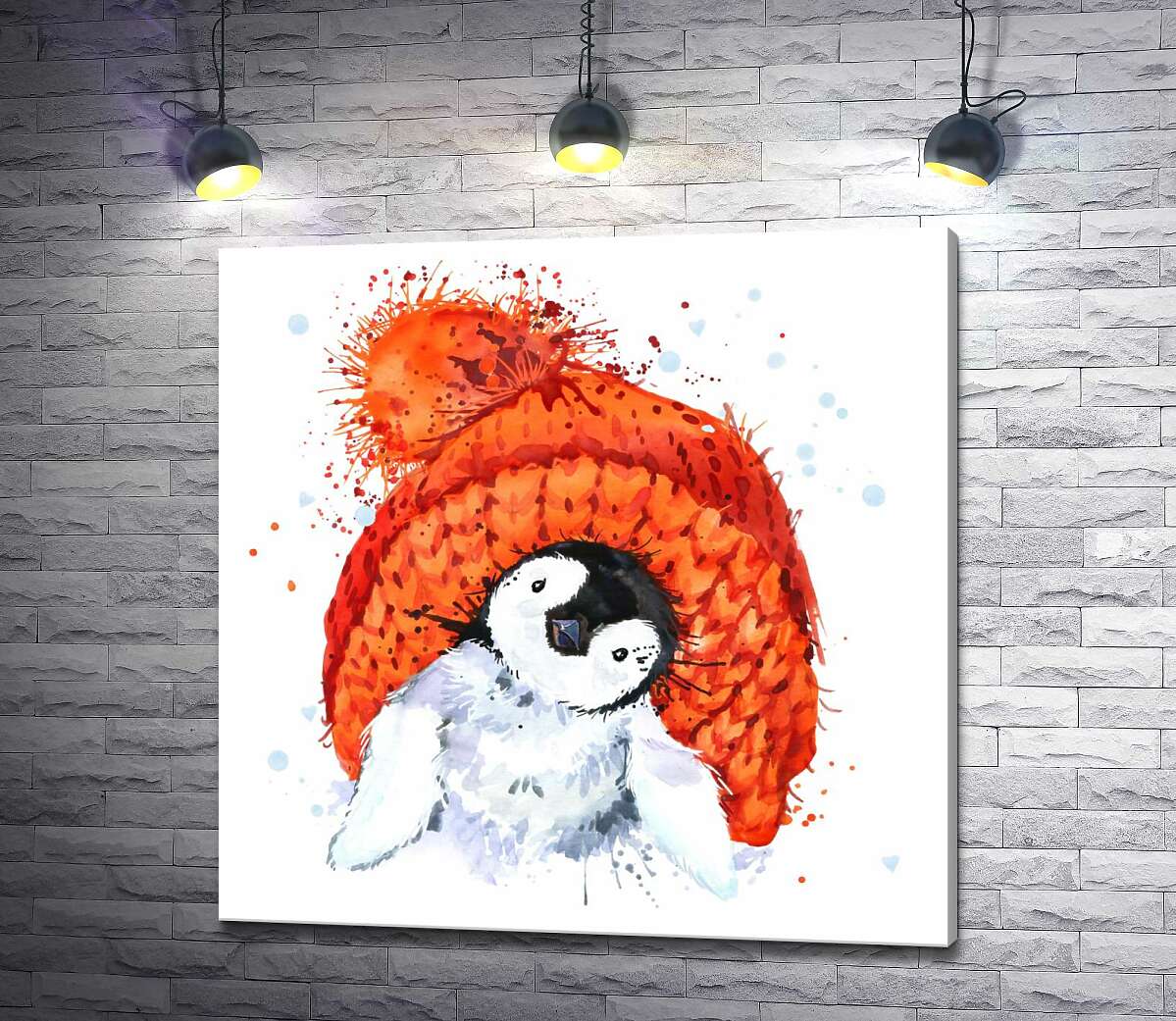 картина Пушистый пингвенок на фоне оранжевой шапки