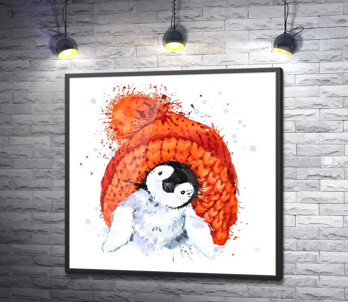 постер Пушистый пингвенок на фоне оранжевой шапки
