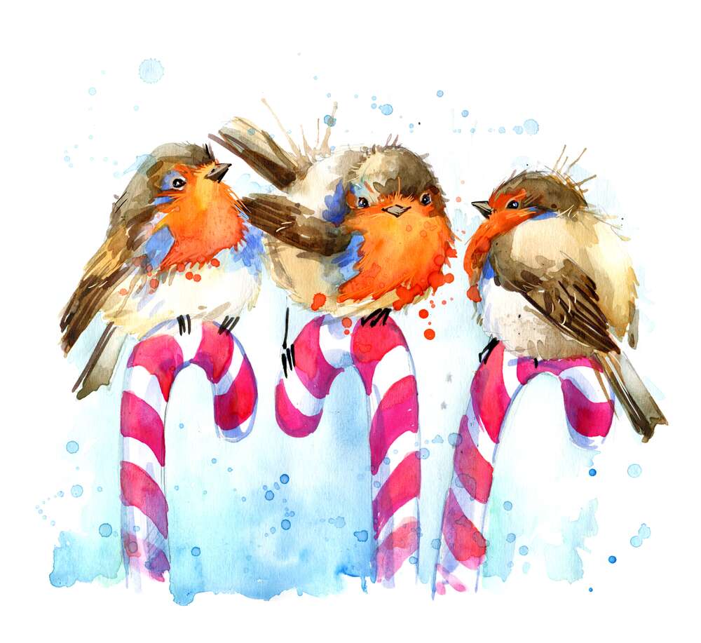 картина-постер Краснощекие снегири сидят на карамельных тростях