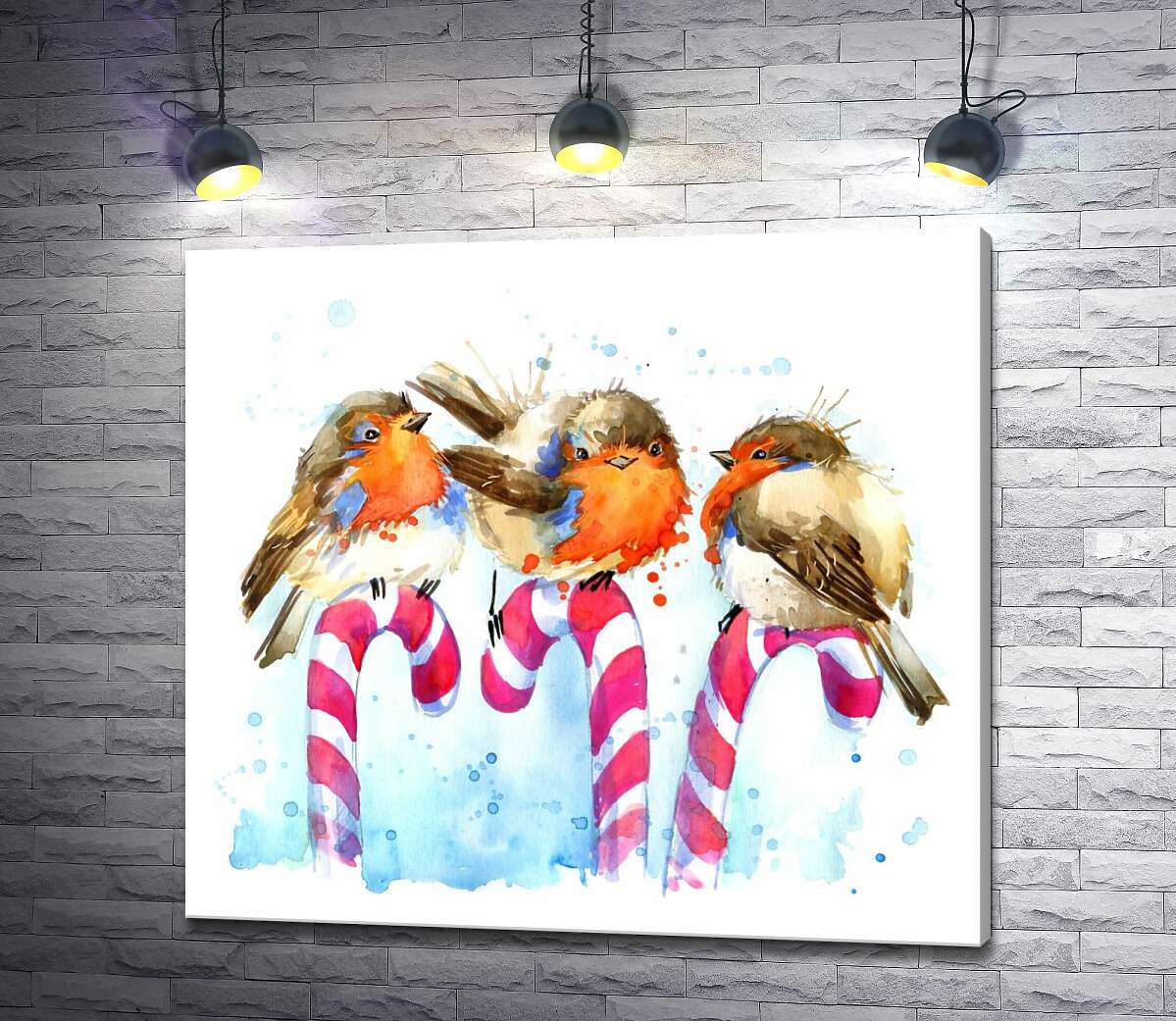 картина Краснощекие снегири сидят на карамельных тростях