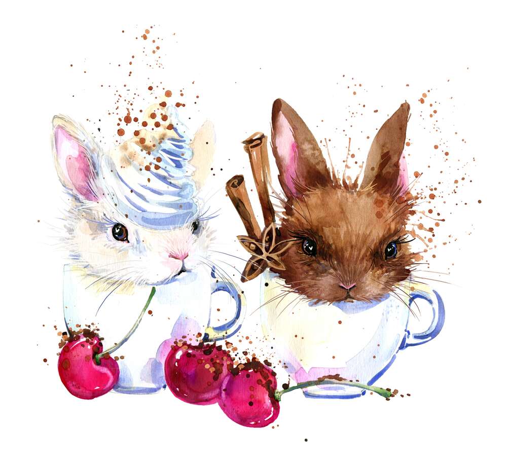 картина-постер Пушистые зайцы в душистых чашках кофе