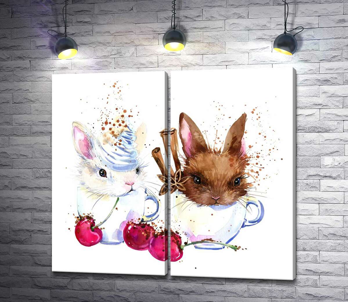 модульная картина Пушистые зайцы в душистых чашках кофе