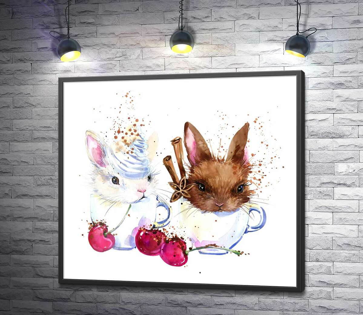 постер Пушистые зайцы в душистых чашках кофе