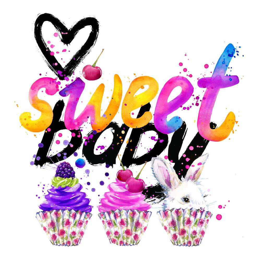 картина-постер Белый заяц и ягодные кексы под надписью "sweet baby"