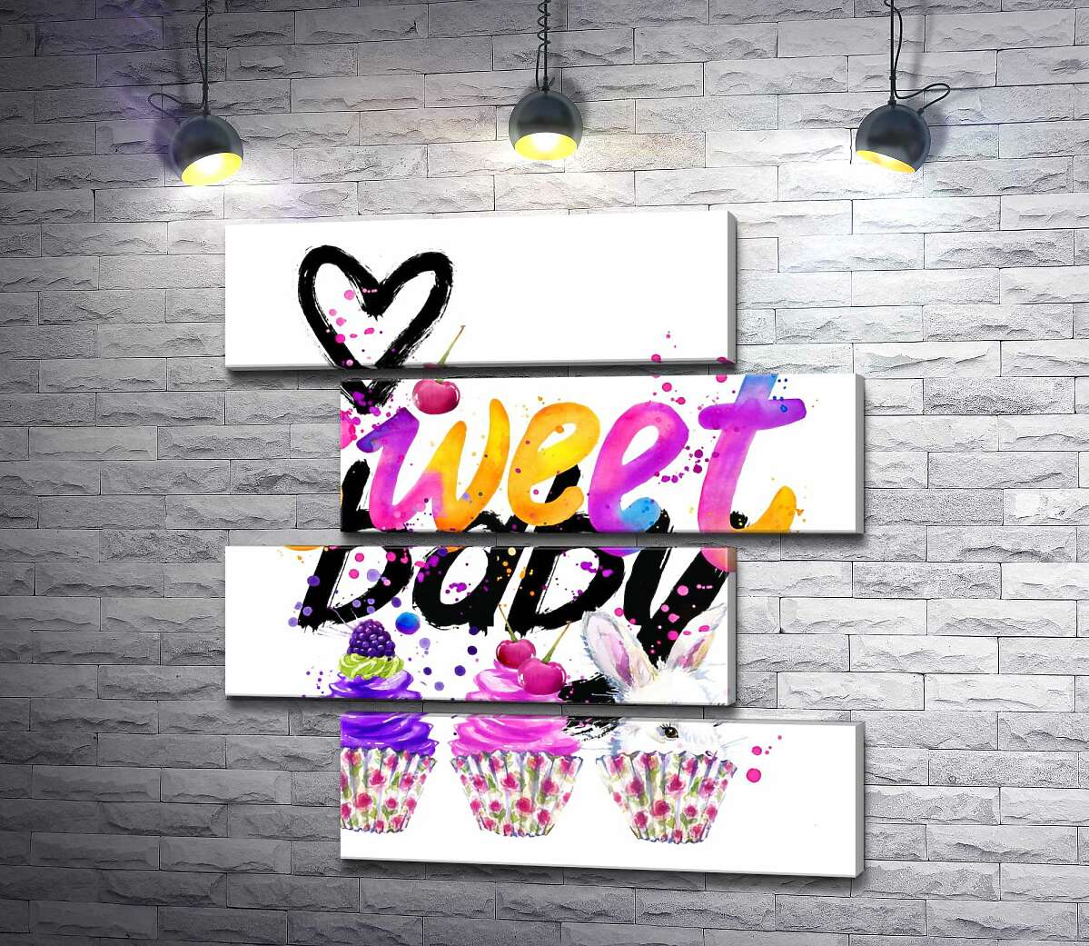 модульна картина Білий заєць та ягідні кекси під написом "sweet baby" (Модуль №23)
