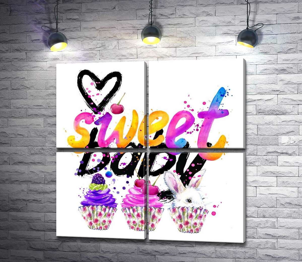 модульна картина Білий заєць та ягідні кекси під написом "sweet baby" (Модуль №25)