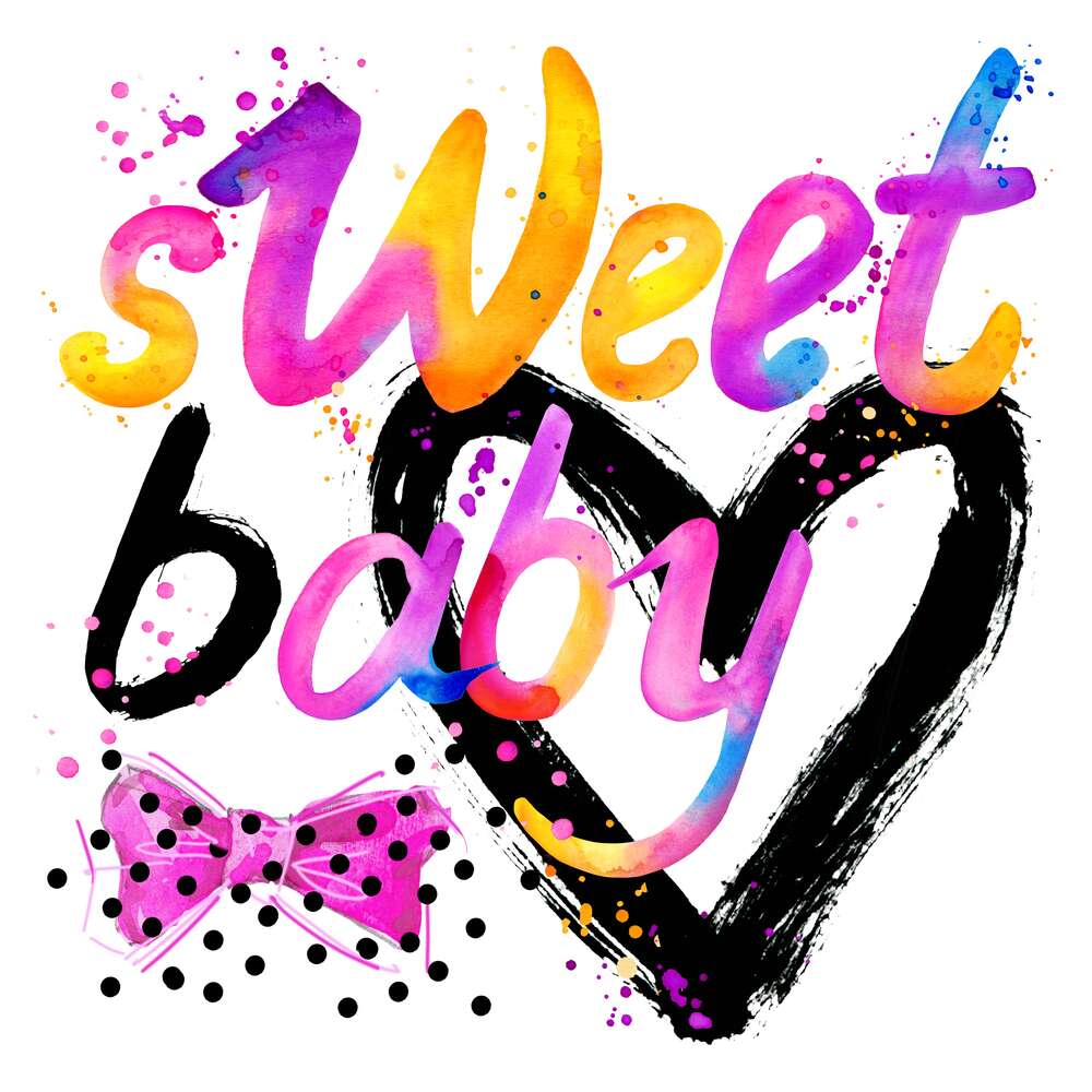 картина-постер Напис "sweet baby" на фоні рожевого бантика та чорного серця