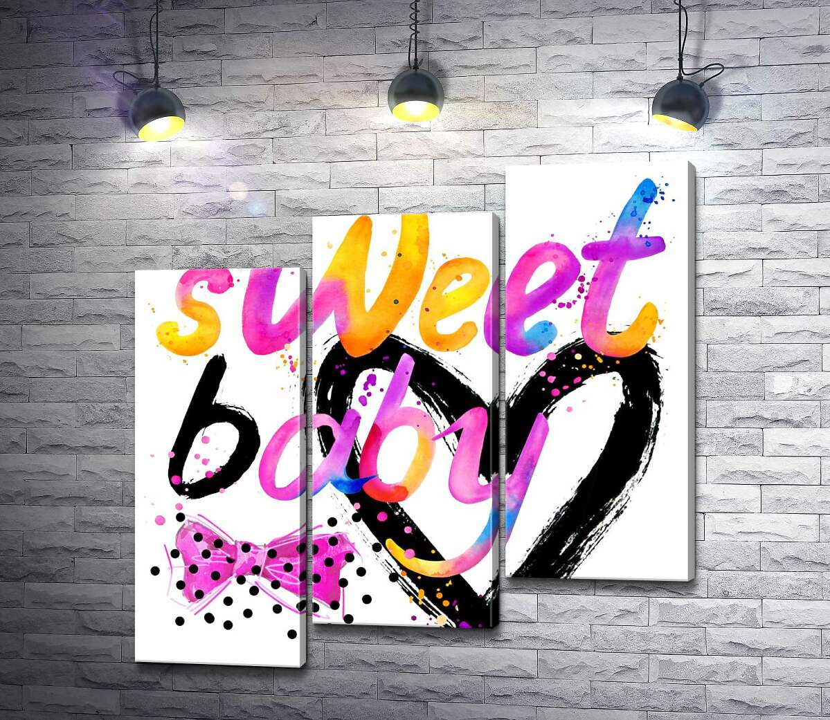модульная картина Надпись "sweet baby" на фоне розового бантика и черного сердца (Модуль №14)