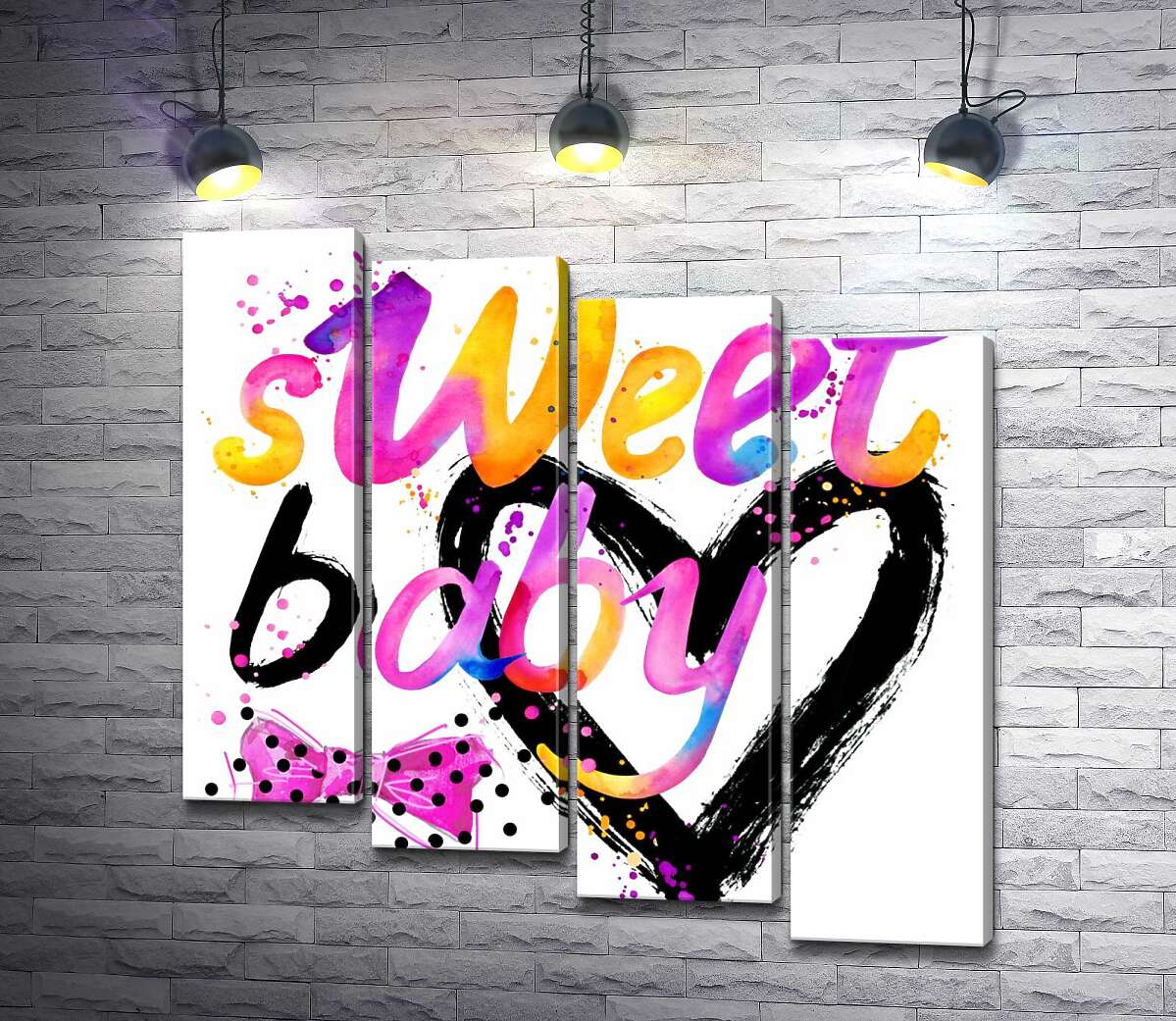 модульная картина Надпись "sweet baby" на фоне розового бантика и черного сердца (Модуль №19)