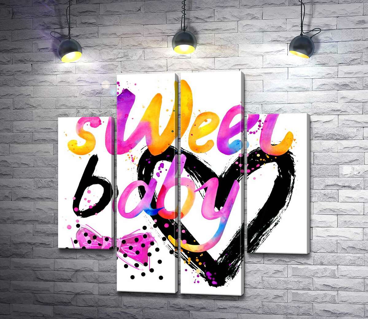 модульная картина Надпись "sweet baby" на фоне розового бантика и черного сердца (Модуль №20)