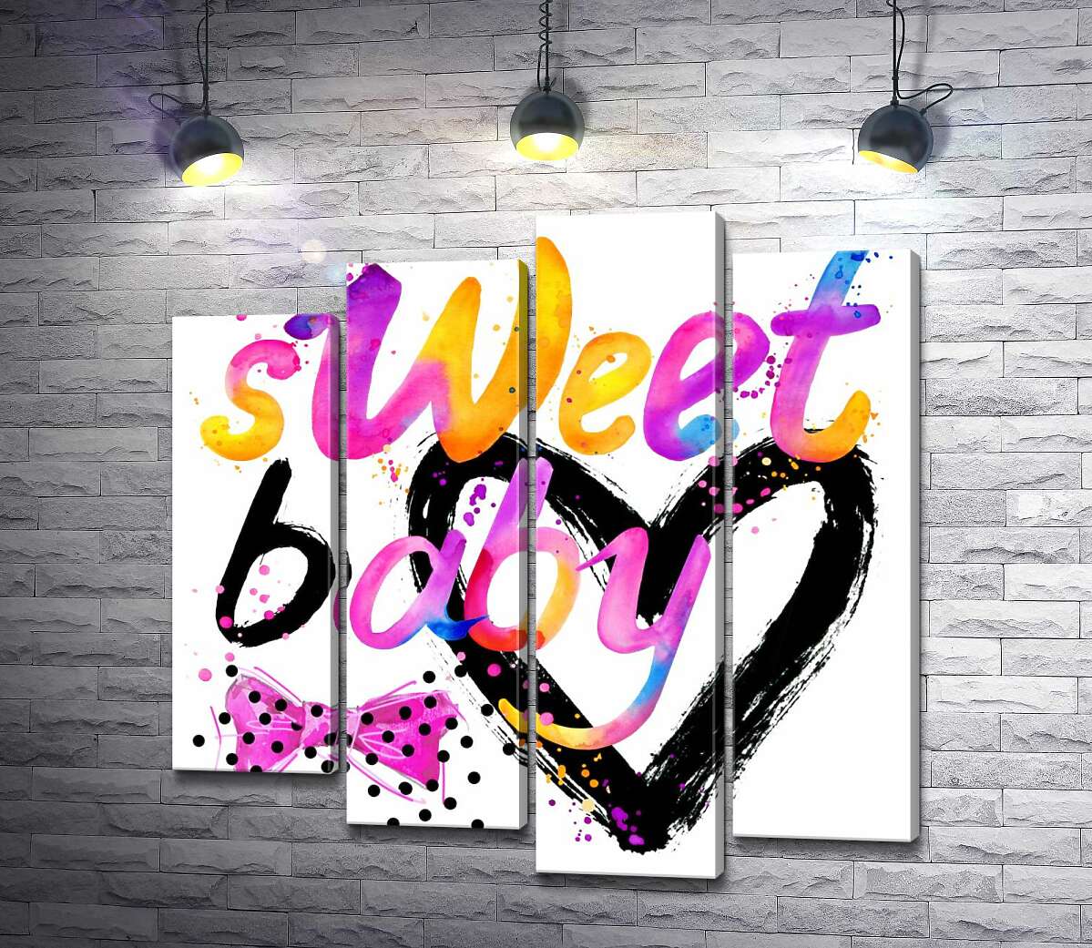 модульная картина Надпись "sweet baby" на фоне розового бантика и черного сердца (Модуль №3)