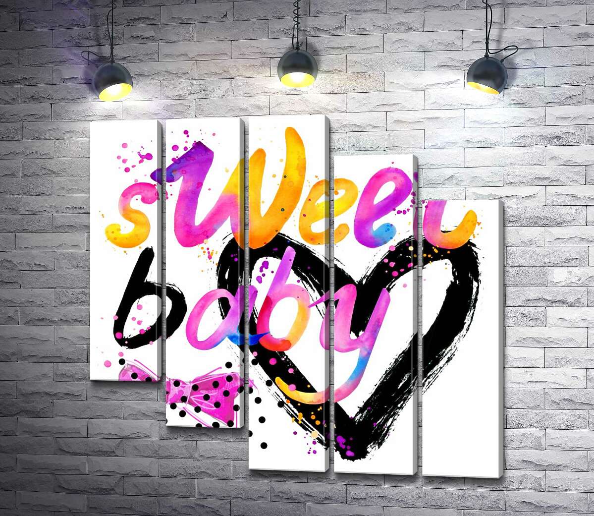 модульна картина Напис "sweet baby" на фоні рожевого бантика та чорного серця (Модуль №28)
