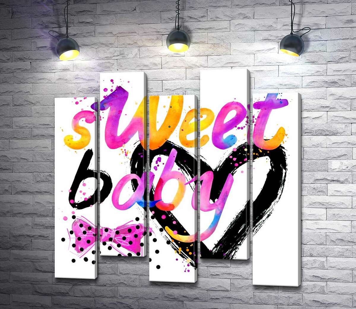 модульная картина Надпись "sweet baby" на фоне розового бантика и черного сердца (Модуль №30)