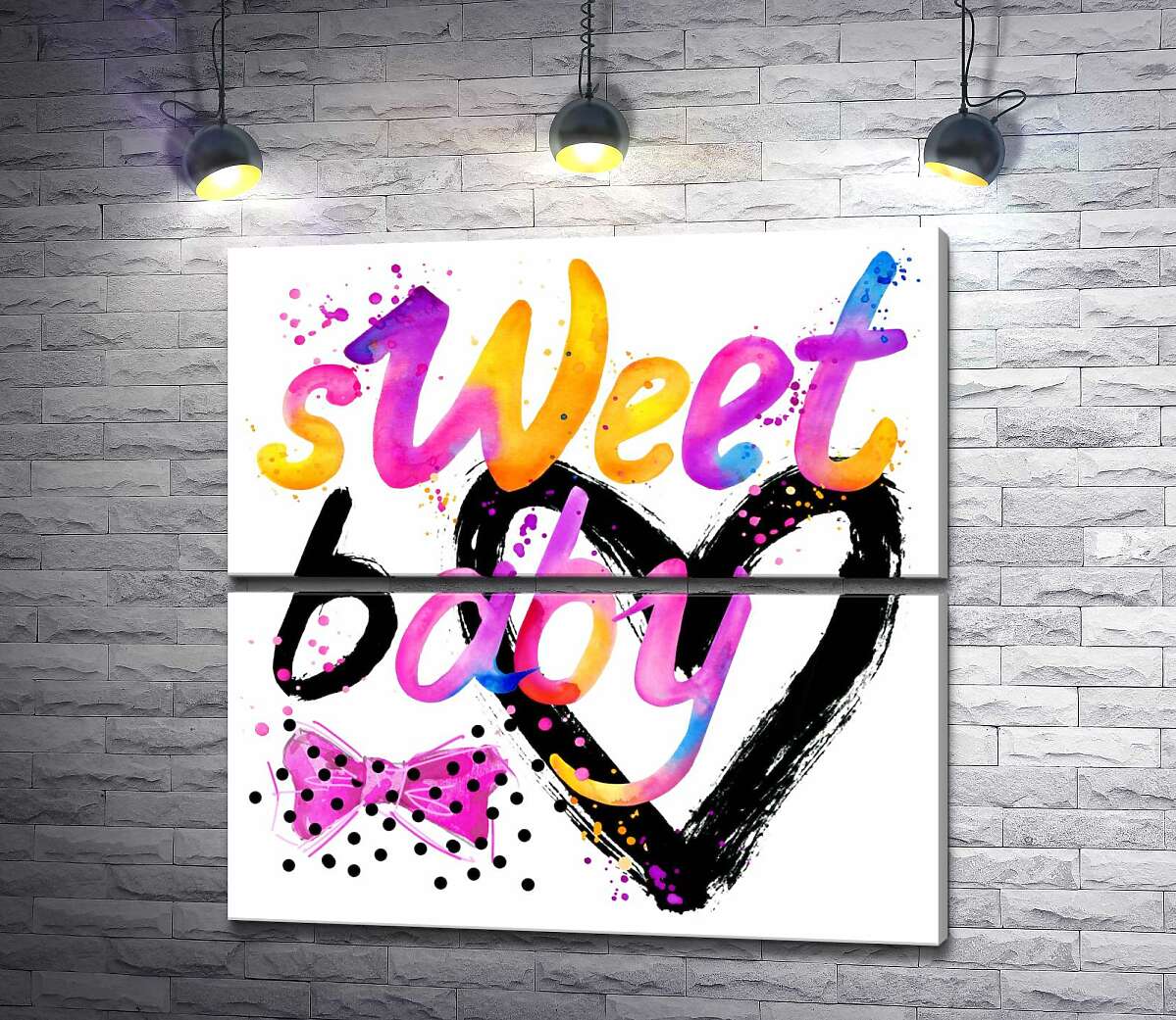 модульная картина Надпись "sweet baby" на фоне розового бантика и черного сердца (Модуль №7)