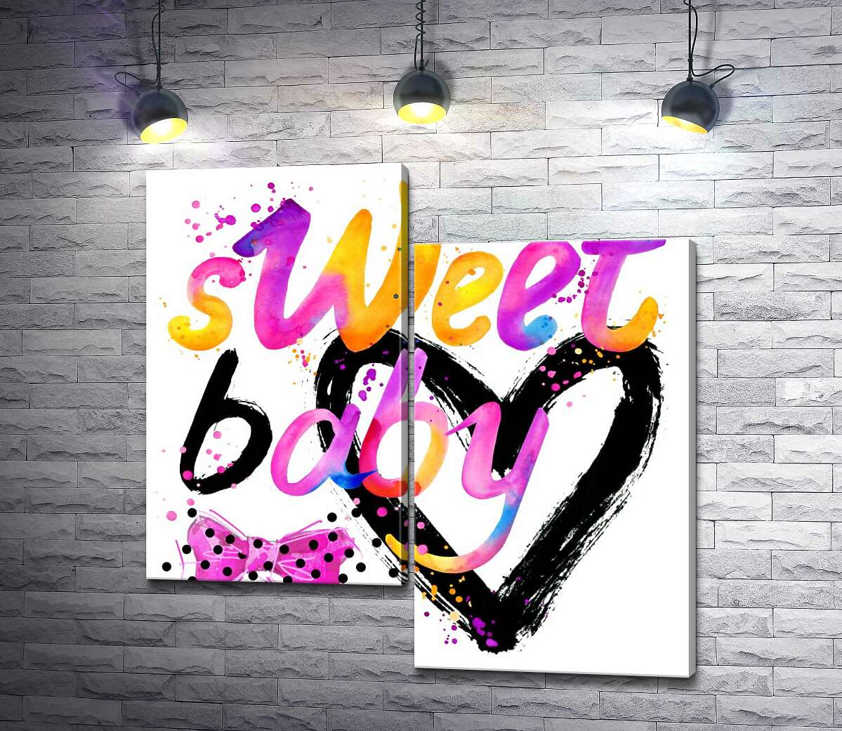 модульна картина Напис "sweet baby" на фоні рожевого бантика та чорного серця (Модуль №9)
