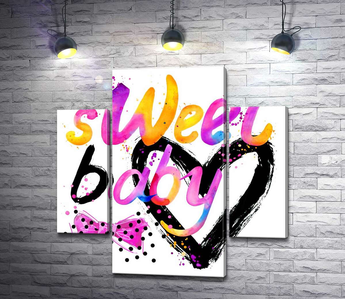 модульна картина Напис "sweet baby" на фоні рожевого бантика та чорного серця (Модуль №5)