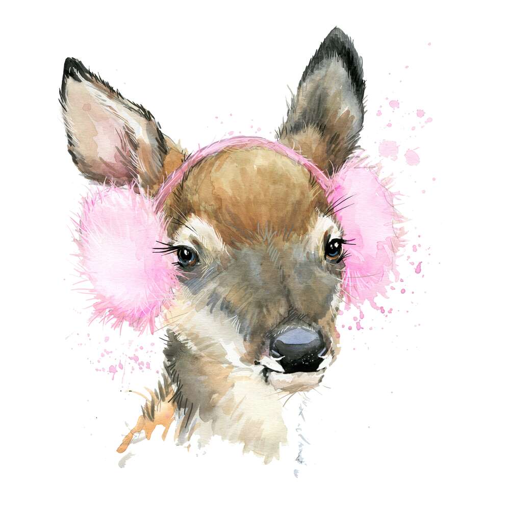 картина-постер Модна олениця в рожевих навушниках