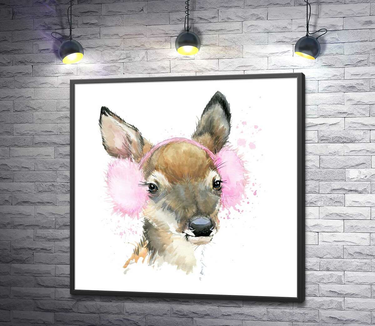 постер Модна олениця в рожевих навушниках