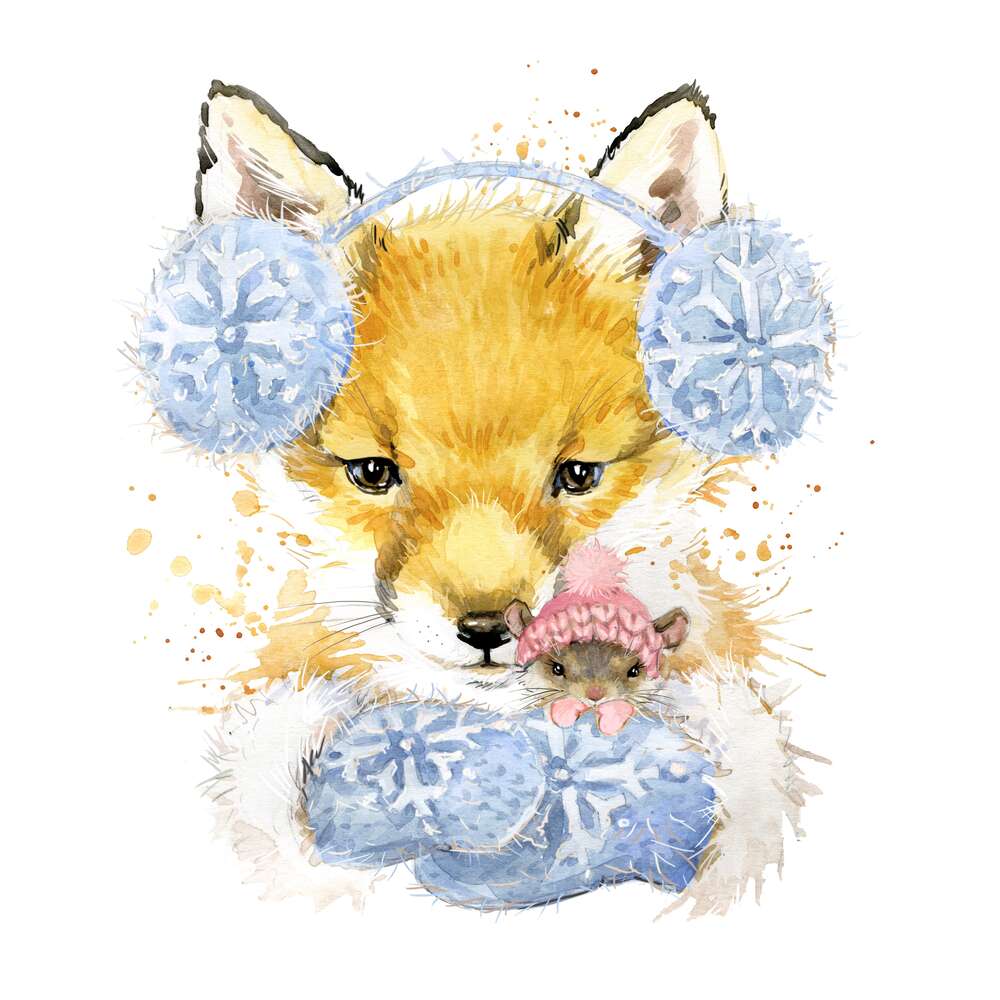 картина-постер Руда лисиця в зимовому вбранні тримає в лапах мишу