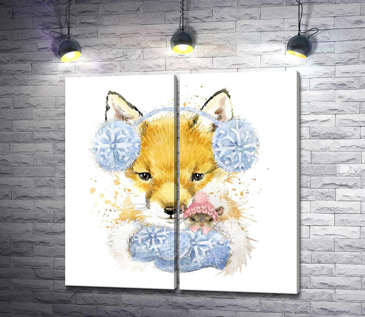 модульна картина Руда лисиця в зимовому вбранні тримає в лапах мишу