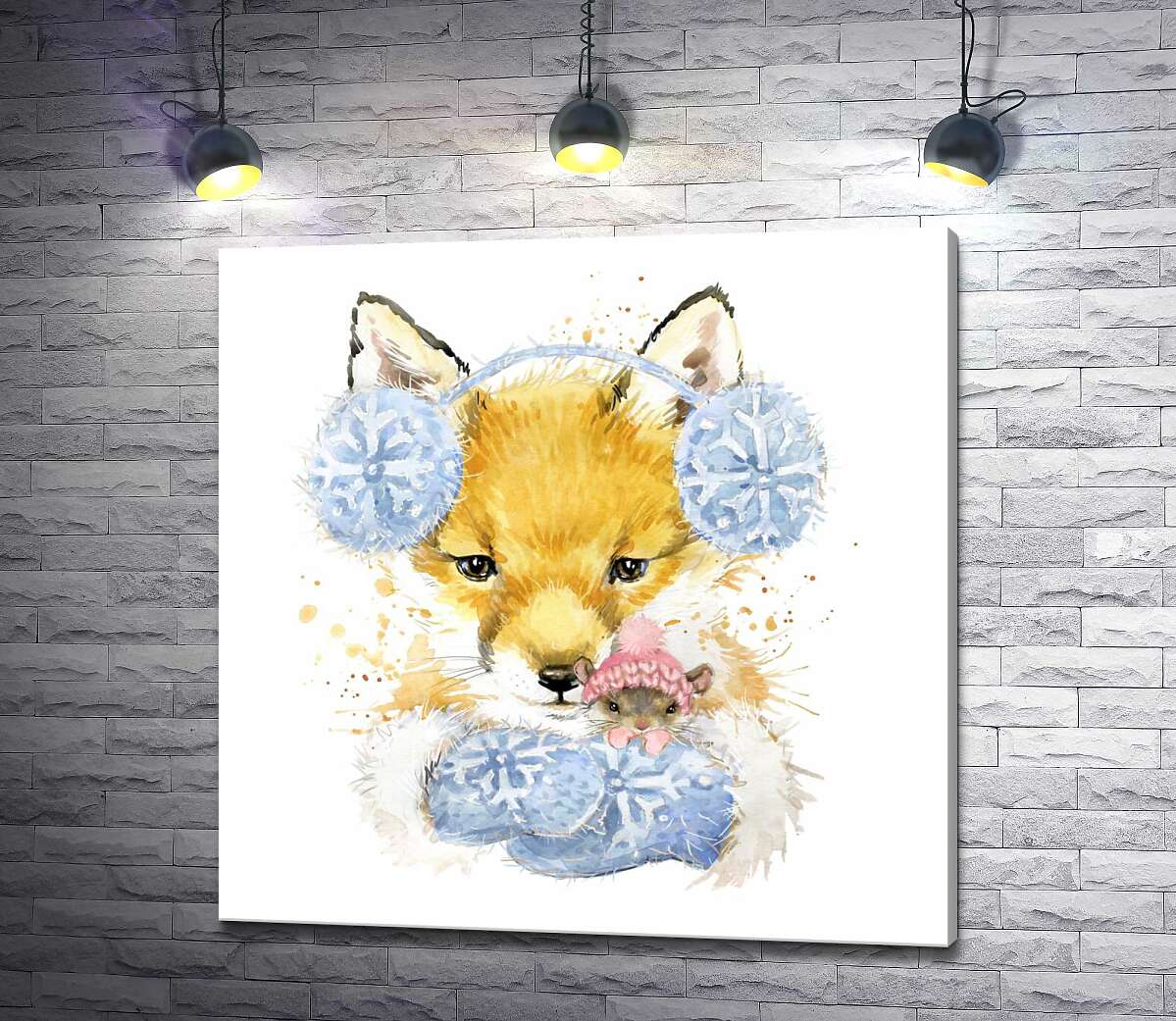картина Руда лисиця в зимовому вбранні тримає в лапах мишу