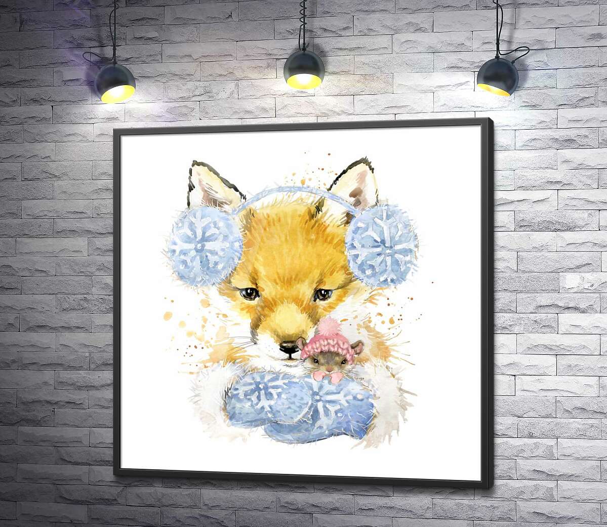 постер Руда лисиця в зимовому вбранні тримає в лапах мишу
