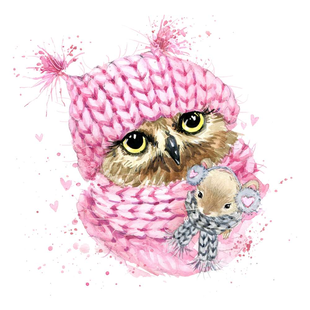 картина-постер Совенок в розовой шапке и шарфе с мышонком в сером наряде