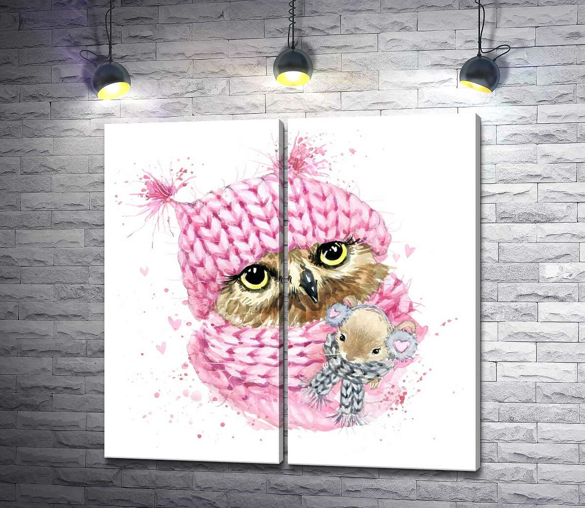 модульная картина Совенок в розовой шапке и шарфе с мышонком в сером наряде
