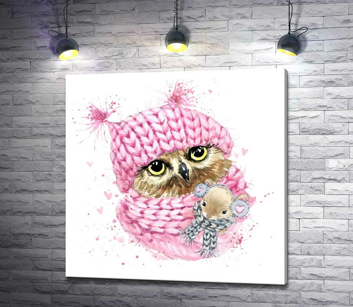картина Совенок в розовой шапке и шарфе с мышонком в сером наряде