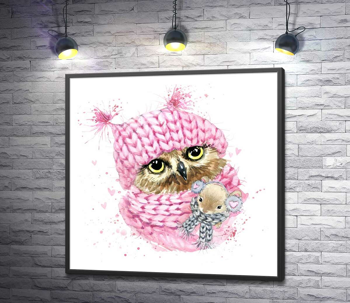 постер Совенок в розовой шапке и шарфе с мышонком в сером наряде