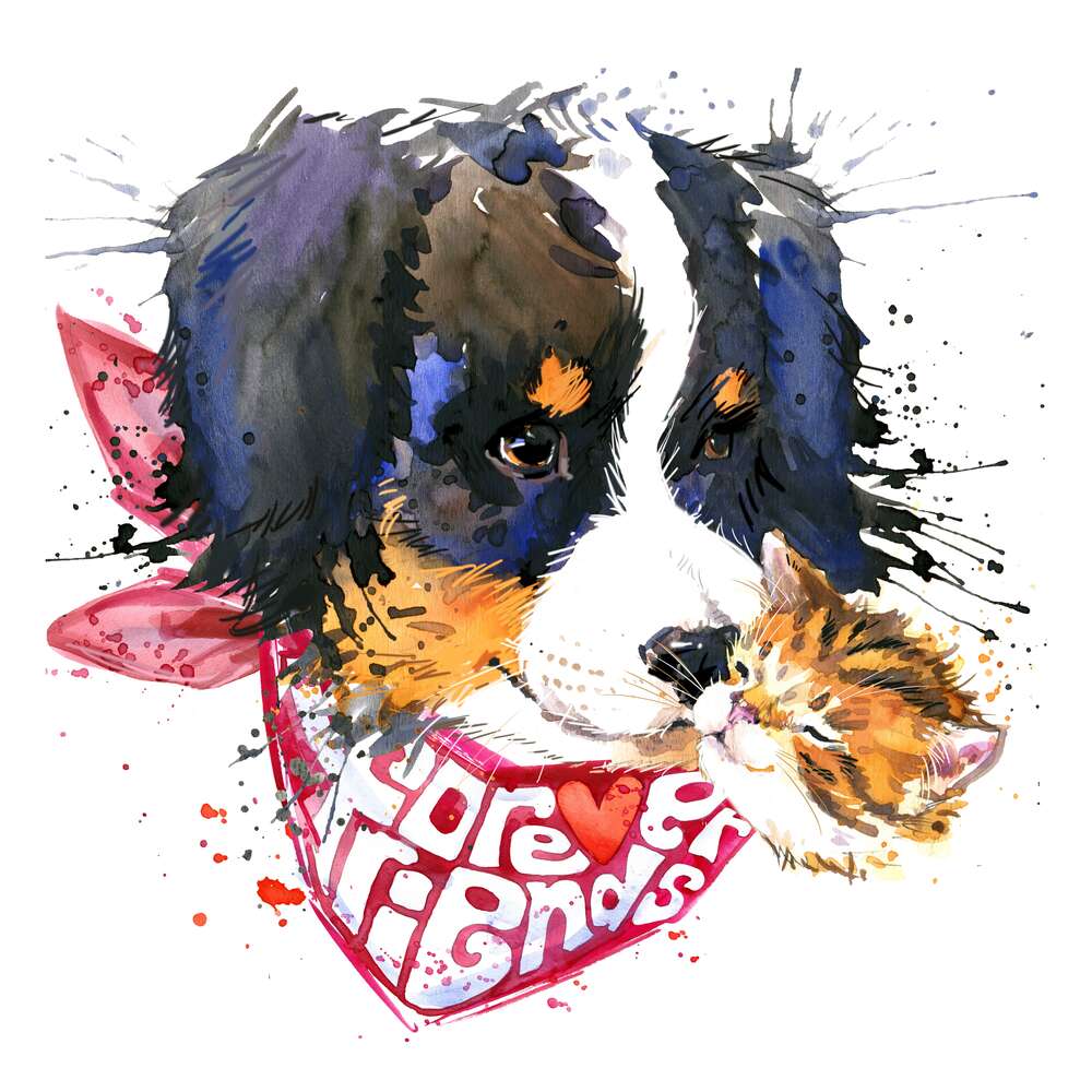 картина-постер Рыжий котенок и пятнистый щенок с платком "forever friends"
