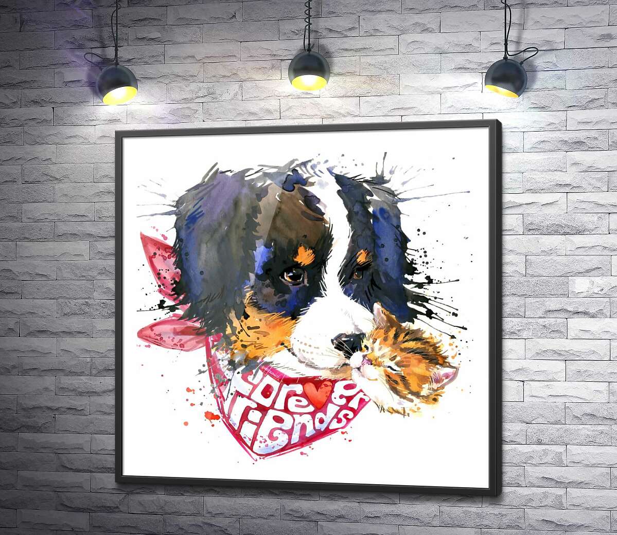 постер Рыжий котенок и пятнистый щенок с платком "forever friends"