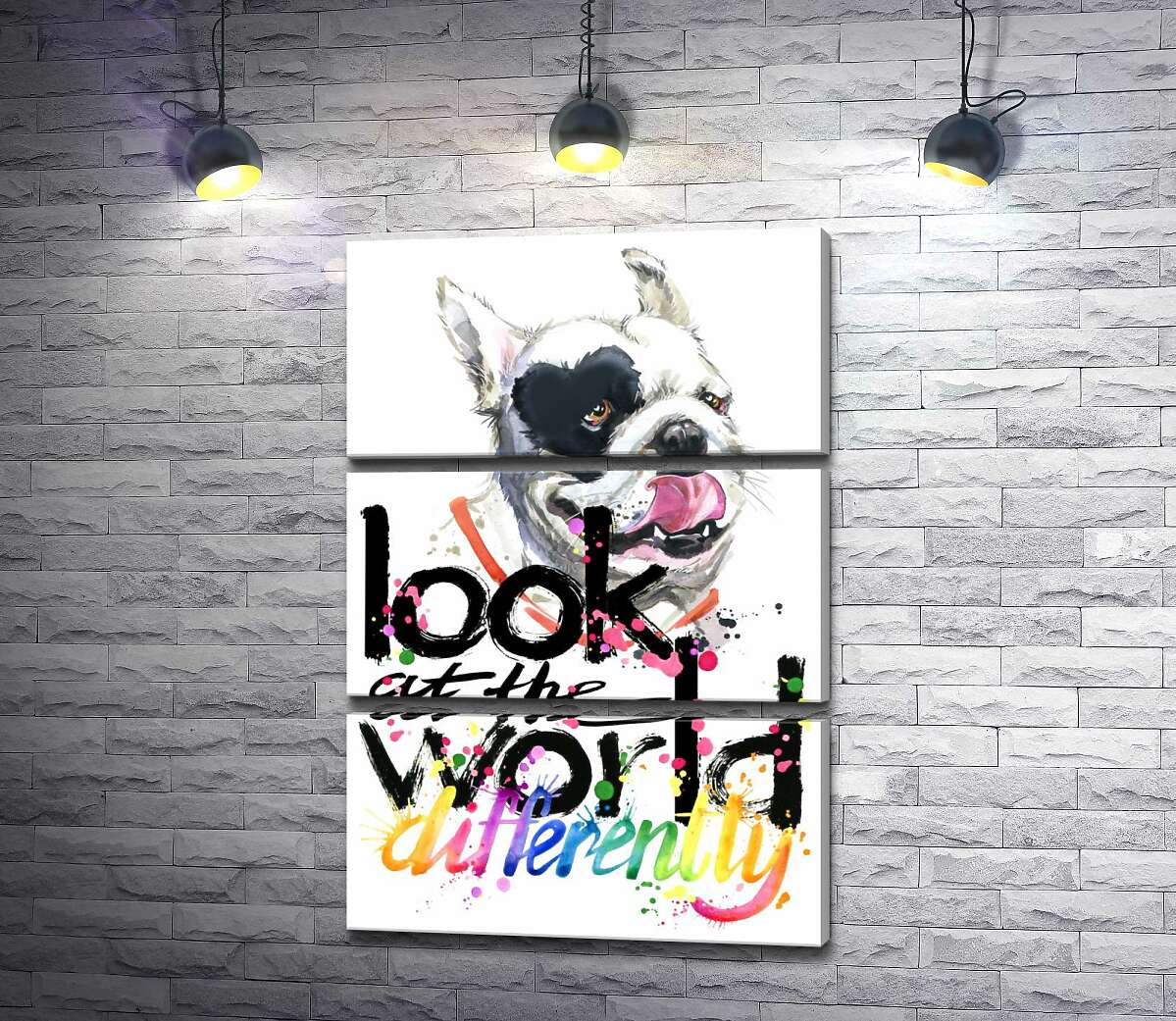 модульна картина Білий собака з чорним серцем на оці та написом "look at the world differently" (Модуль №15)