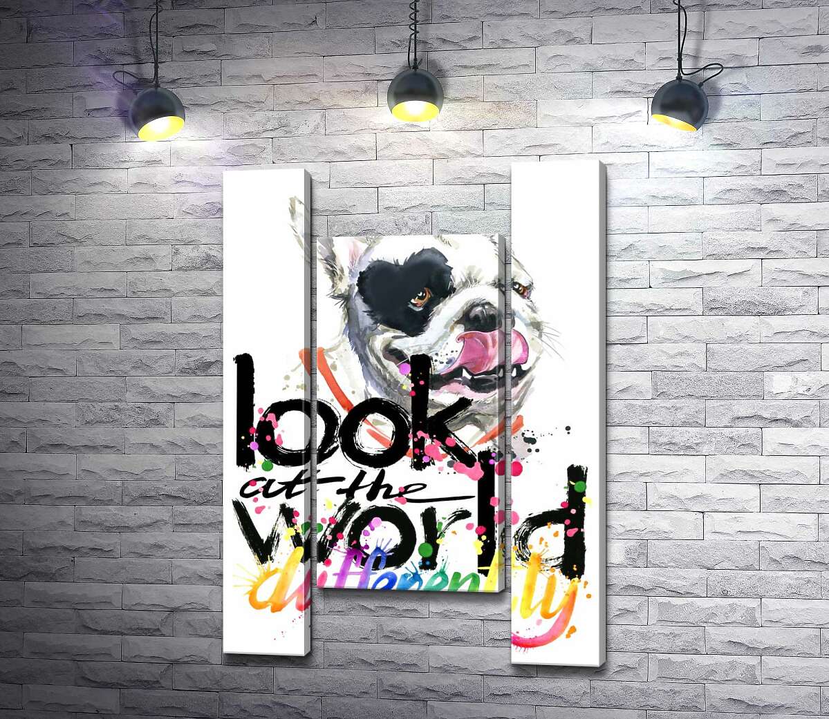 модульна картина Білий собака з чорним серцем на оці та написом "look at the world differently" (Модуль №11)