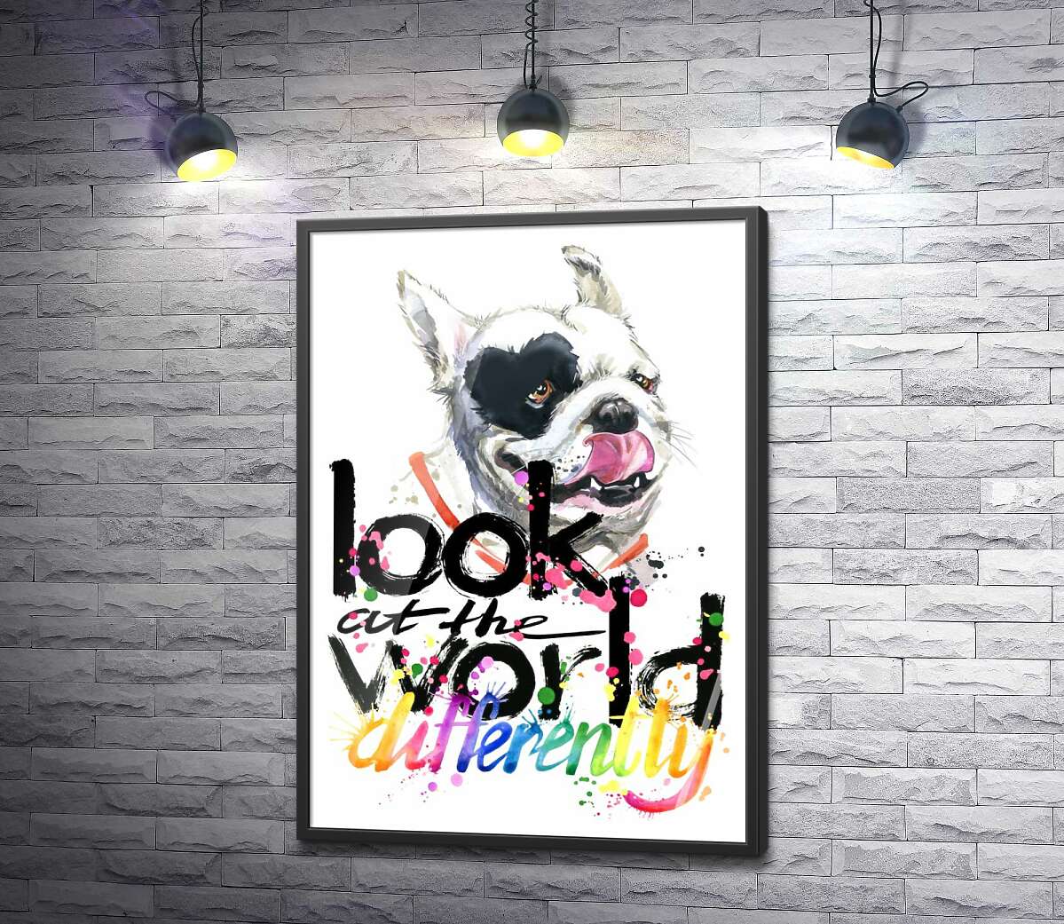 постер Білий собака з чорним серцем на оці та написом "look at the world differently"