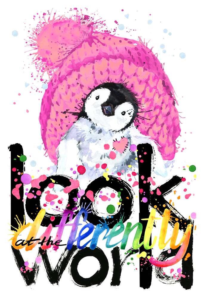 картина-постер Пингвиненок с розовой шапкой и надписью "look at the world differently"