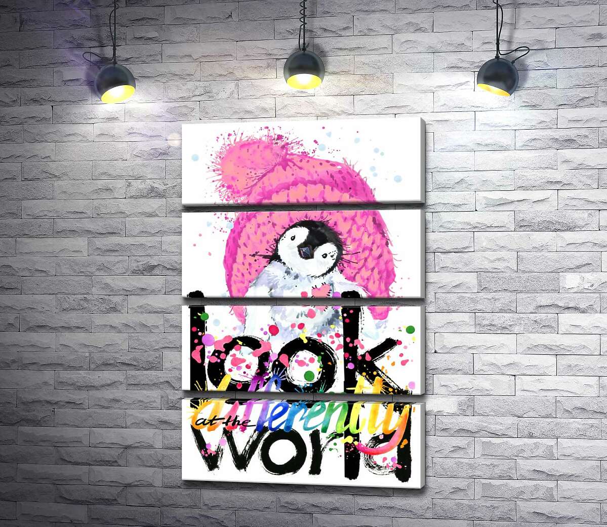 модульна картина Пінгвіненя з рожевою шапкою та написом "look at the world differently" (Модуль №22)