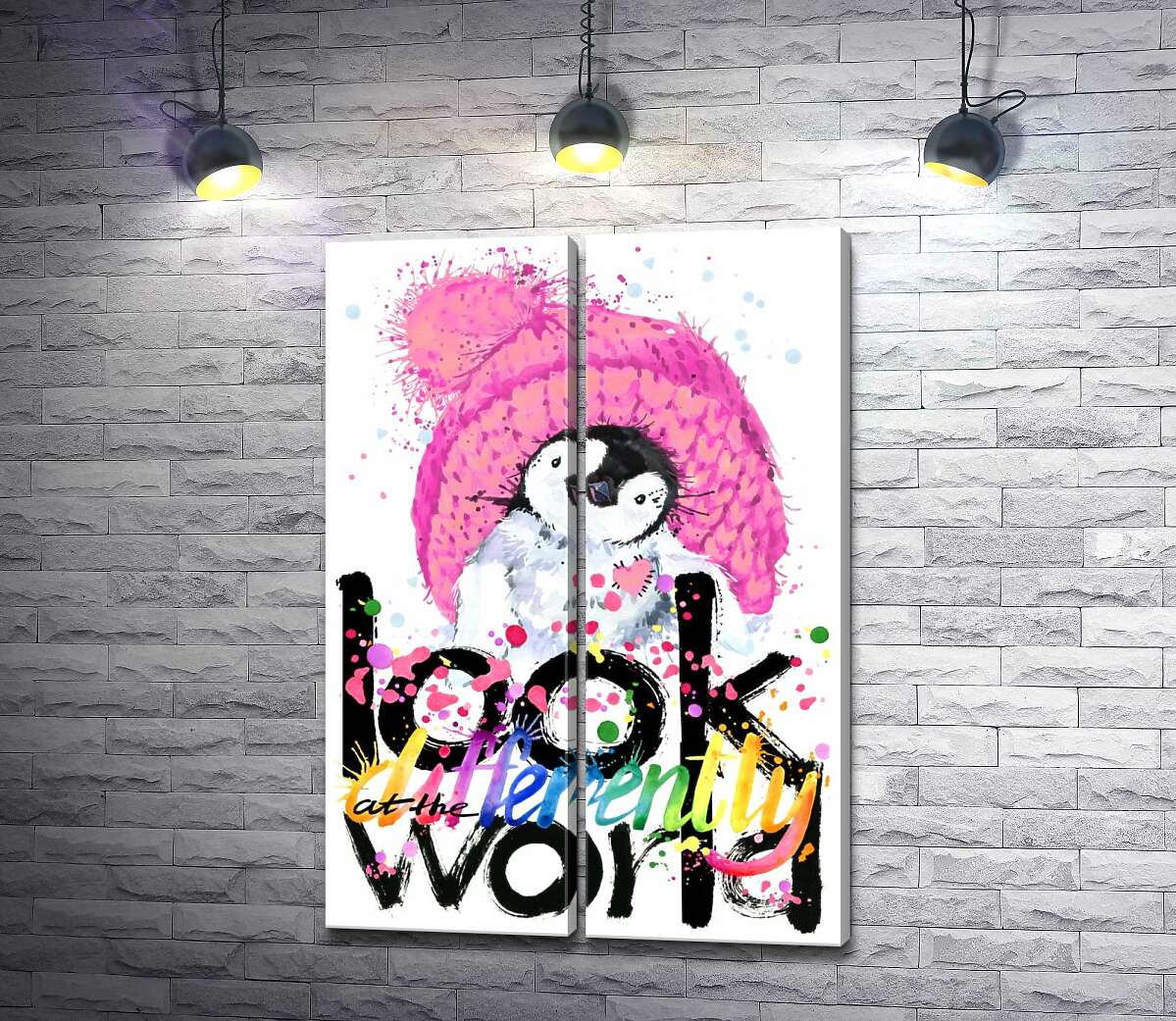 модульная картина Пингвиненок с розовой шапкой и надписью "look at the world differently"