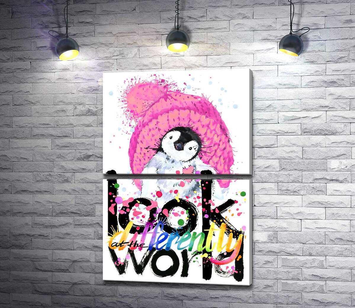 модульна картина Пінгвіненя з рожевою шапкою та написом "look at the world differently" (Модуль №7)