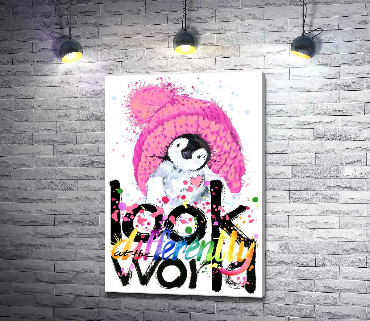 картина Пингвиненок с розовой шапкой и надписью "look at the world differently"