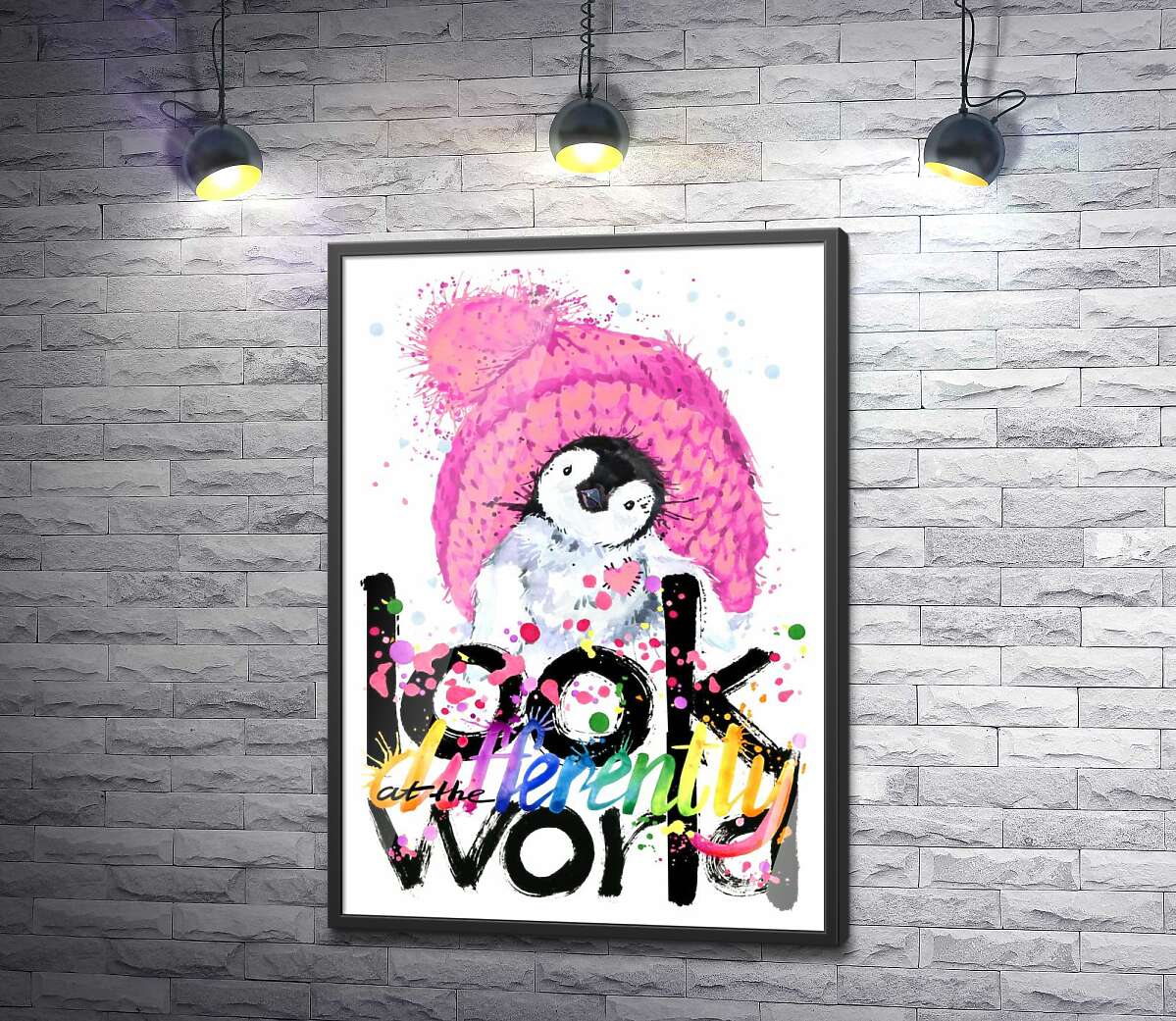 постер Пингвиненок с розовой шапкой и надписью "look at the world differently"