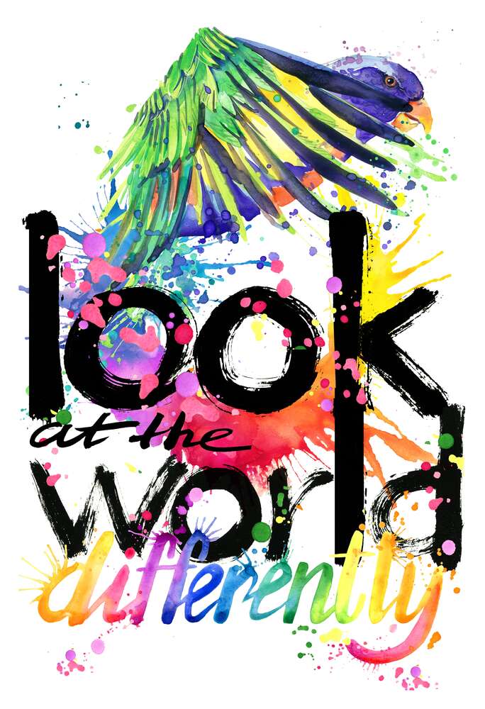 картина-постер Папуга пролітає над написом "look at the world differently"