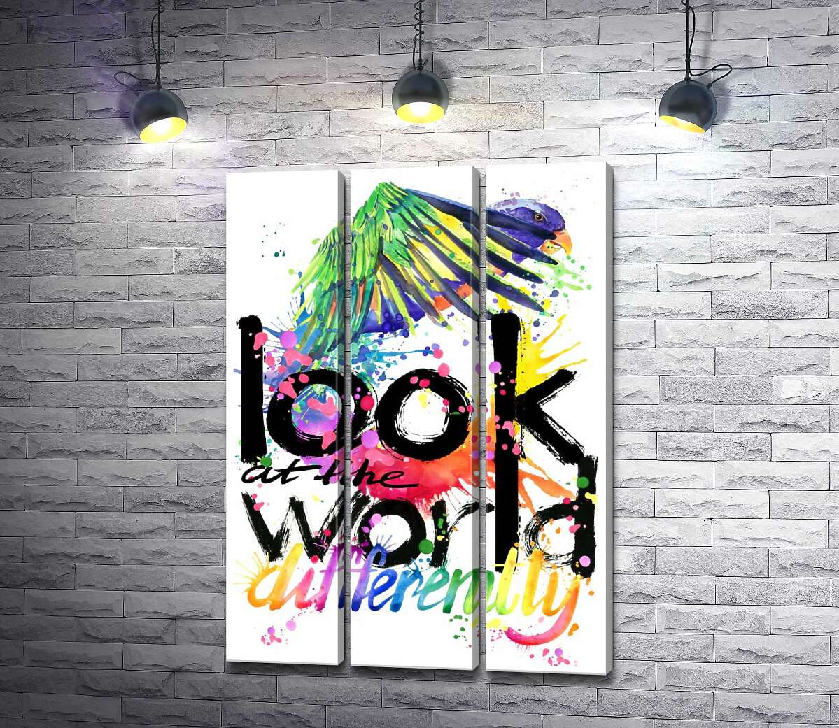 модульна картина Папуга пролітає над написом "look at the world differently"