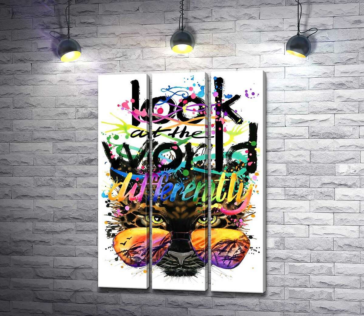 модульна картина Напис "look at the world differently" на фоні леопарда в окулярах