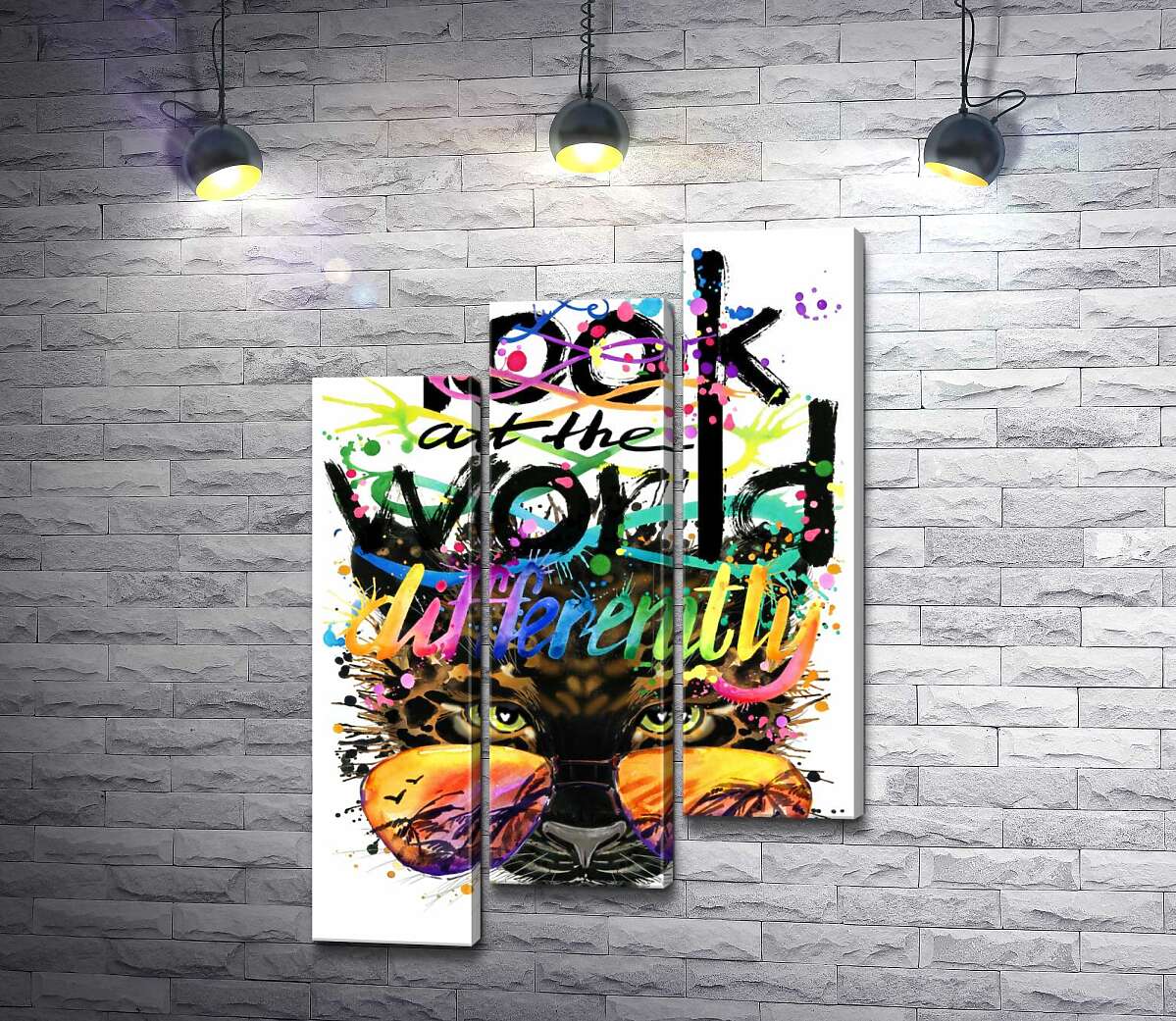 модульная картина Надпись "look at the world differently" на фоне леопарда в очках (Модуль №14)