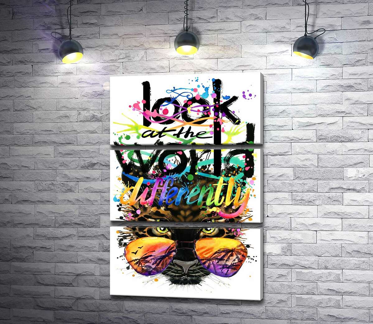 модульная картина Надпись "look at the world differently" на фоне леопарда в очках (Модуль №15)
