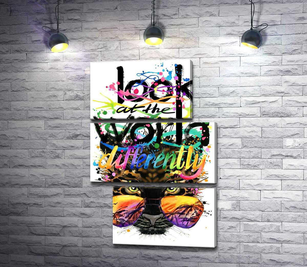 модульная картина Надпись "look at the world differently" на фоне леопарда в очках (Модуль №16)