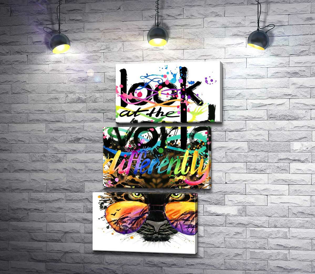 модульна картина Напис "look at the world differently" на фоні леопарда в окулярах (Модуль №17)