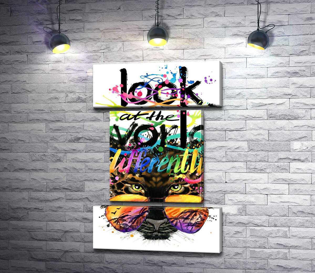 модульная картина Надпись "look at the world differently" на фоне леопарда в очках (Модуль №18)