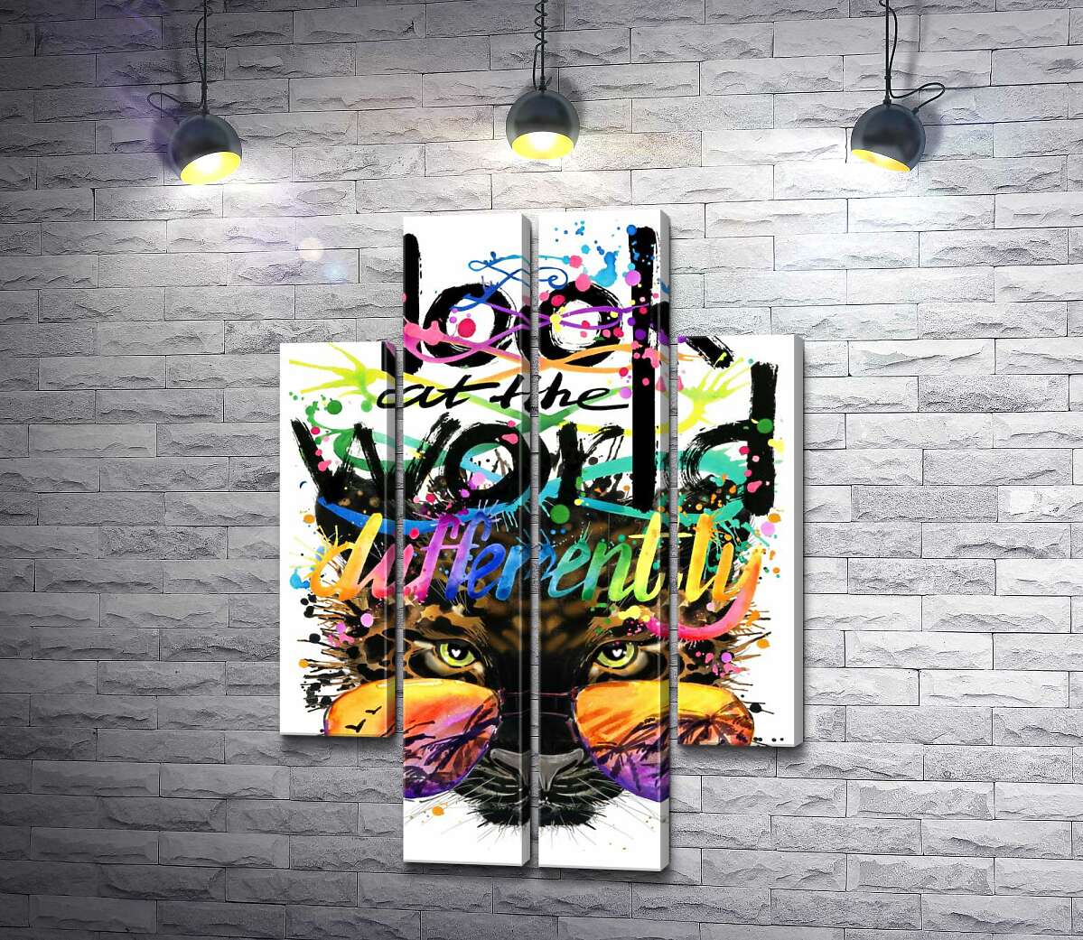 модульная картина Надпись "look at the world differently" на фоне леопарда в очках (Модуль №20)